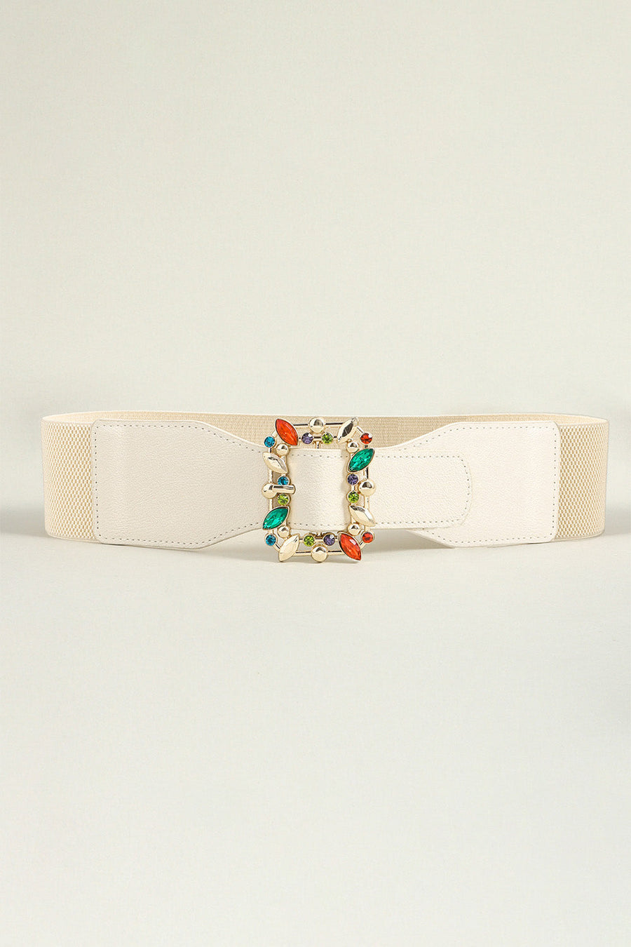Ivory elasticated waist belt with jeweled buckle and colorful stones