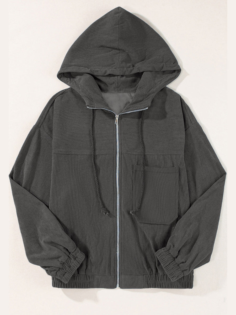 Dark Gray corduroy relaxed fit zip-up hoodie with drawstring hood and pockets.
