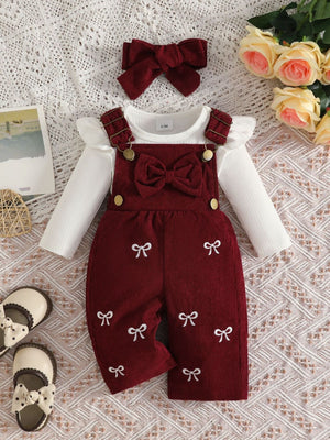 Pink overalls with bow embroidery and long sleeve