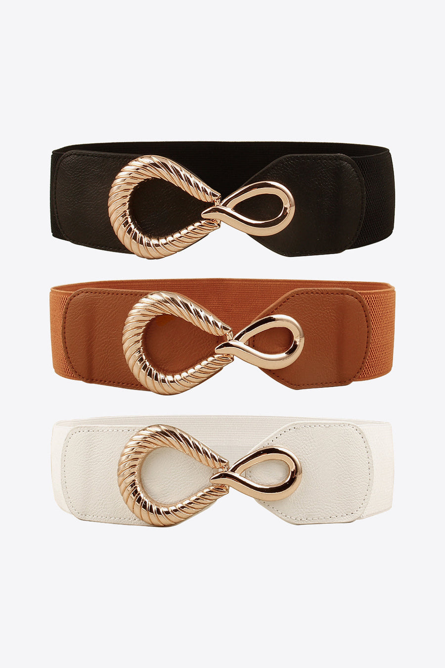 Elasticated waist belt in black, caramel, and white with sculpted gold alloy buckle.