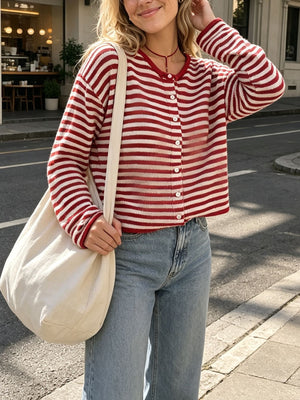 Blue cardigan with waist-length and button-front
