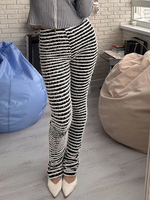 Army Green Striped Fuzzy Knit Pants
