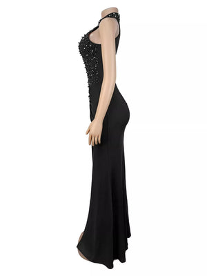 Black fitted maxi dress with halter