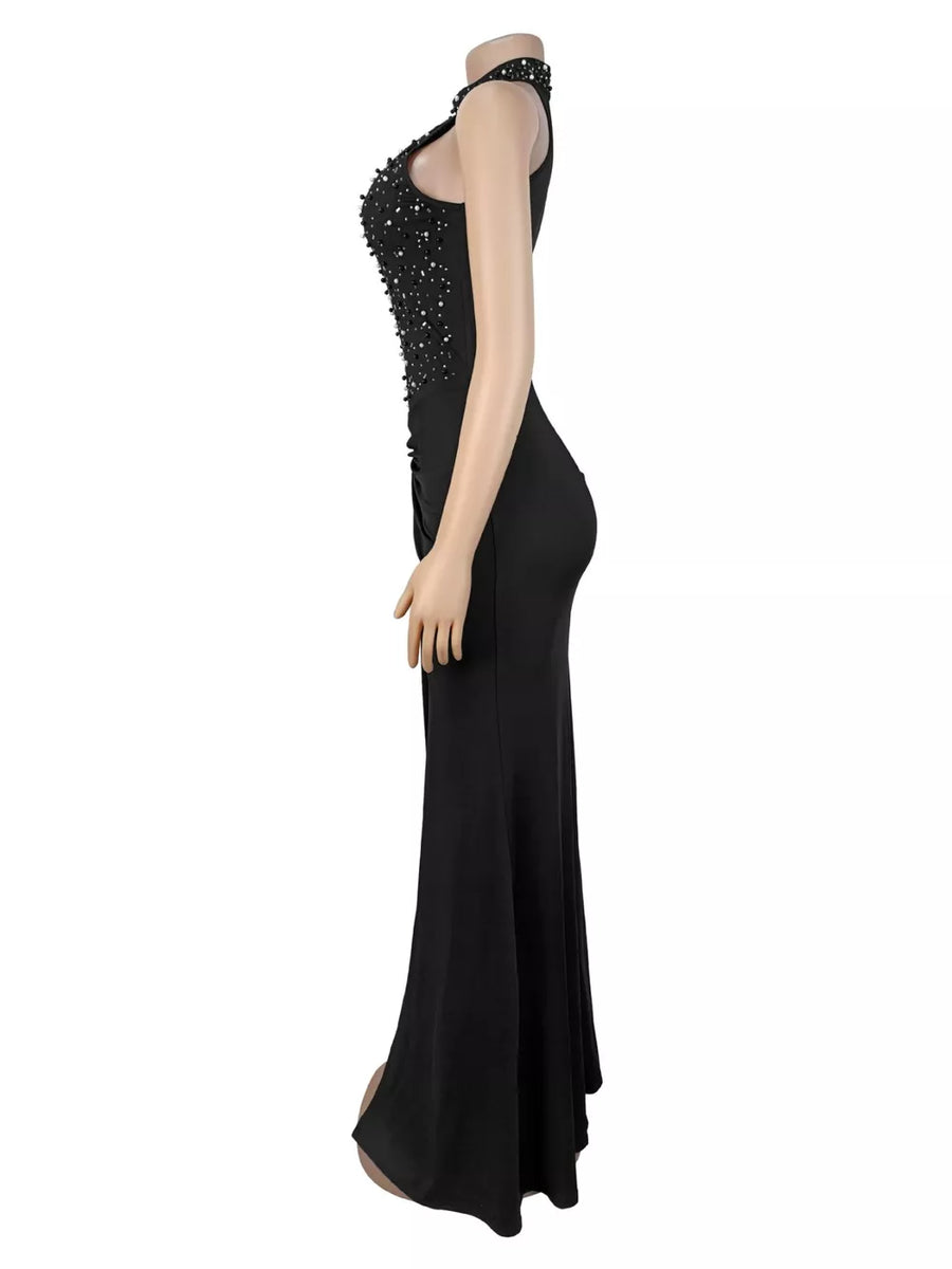Black fitted maxi dress with halter
