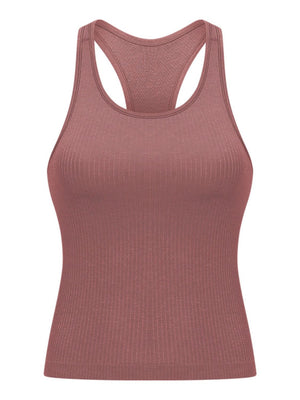 Dusty Pink ribbed racerback tank top with a seamless design and athletic fit.