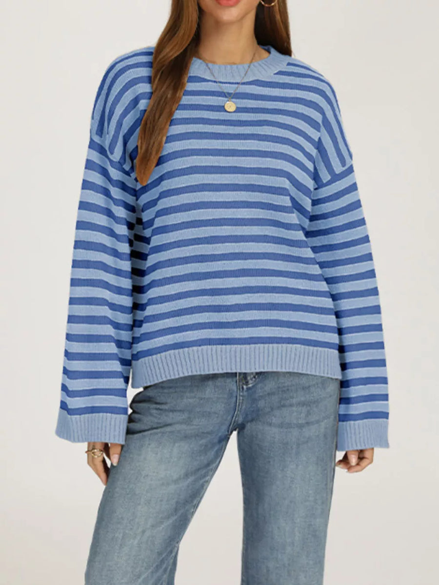 royal blue pullover sweater featuring ribbed and striped