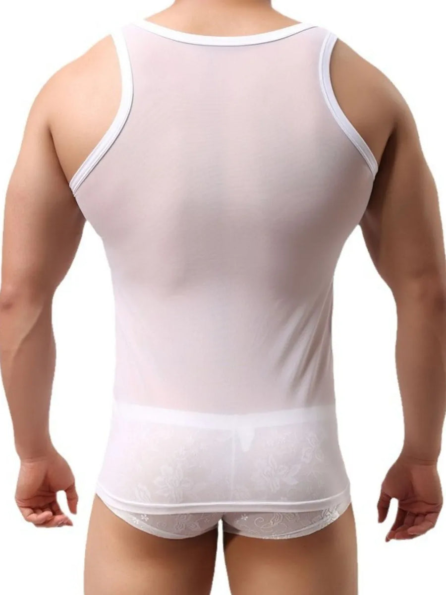 Sheer mesh muscle tank top in white with white trim, showing a breathable, casual style.