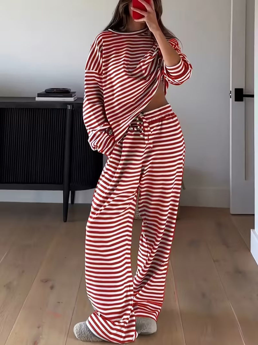 Blue pajama set with pullover, drawstring, elastic and striped