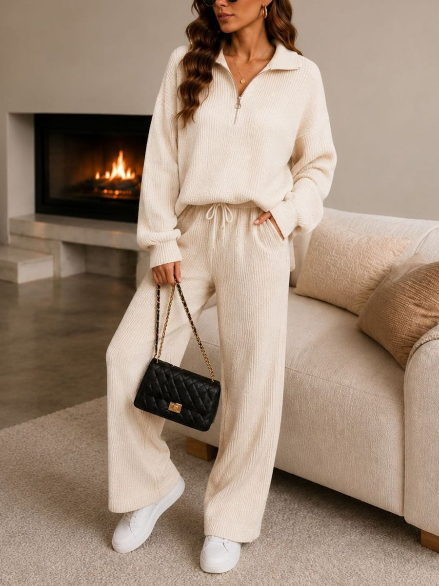 cream lounge set with ribbed and collared