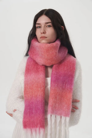 Gradient mohair scarf in hot pink with fringe detail