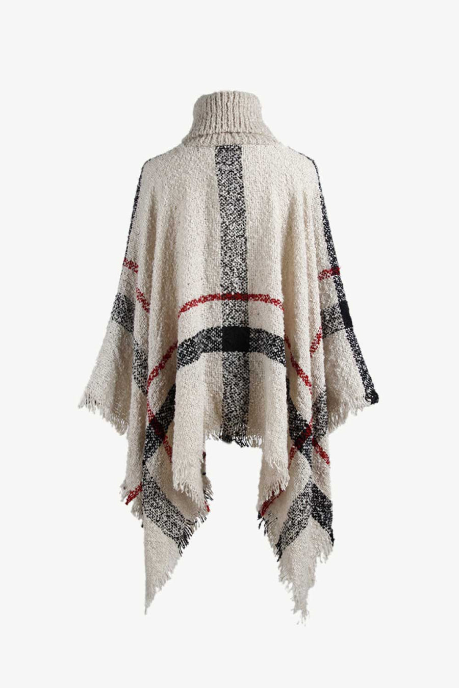 Beige plaid turtleneck cape with fringe detail and textured acrylic knit.