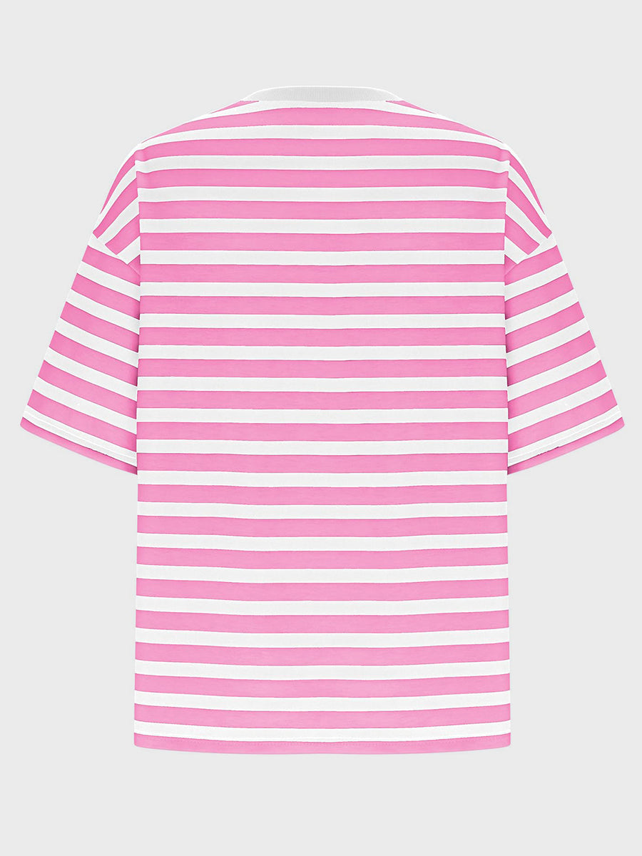 Oversized striped tee in Fuchsia Pink and white with dropped sleeves and crew neck.