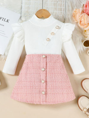 Baby pink tweed a-line skirt set with white ribbed ruffle sleeve mock neck top and pearl buttons