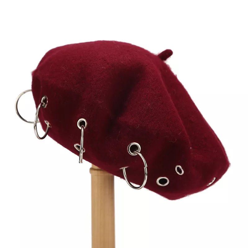 Metal Ring Embellished Beret Hat in White with metal rings