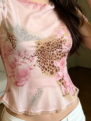 brown camisole featuring tied and floral, leopard