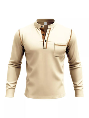 Khaki long sleeve Henley t-shirt with button detail and chest pocket.