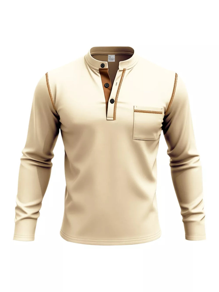 Khaki long sleeve Henley t-shirt with button detail and chest pocket.