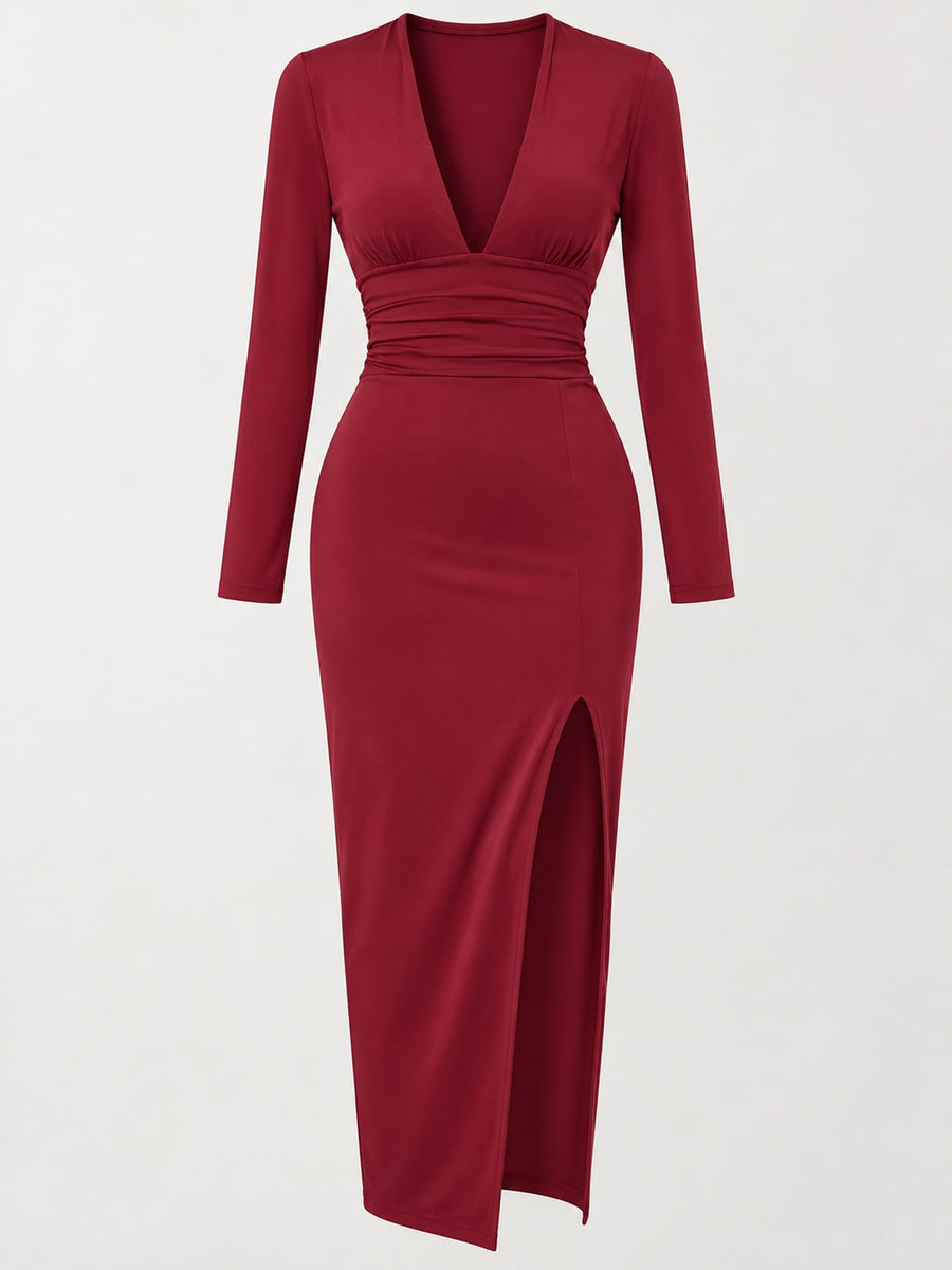bodycon dress in Coffee with slit and midi