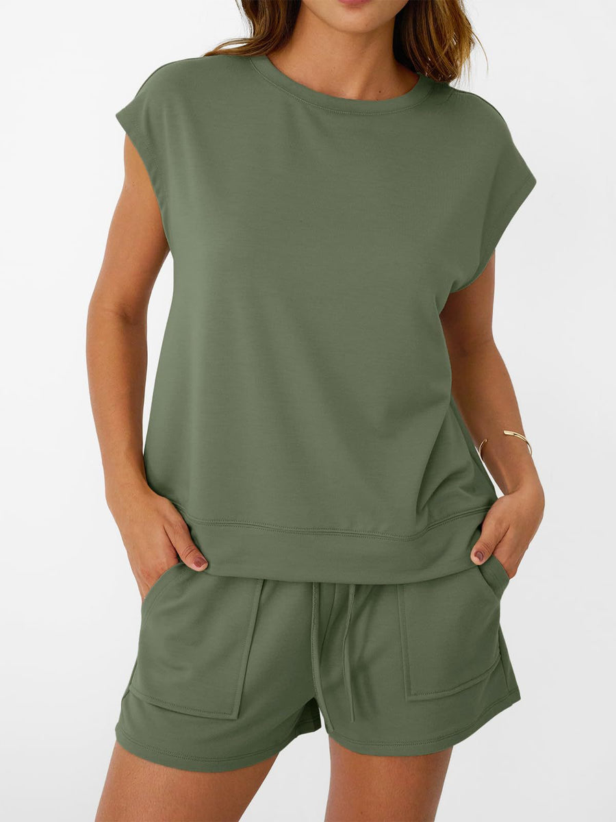 Army green loungewear set with round neck cap sleeve top and drawstring shorts with pockets.