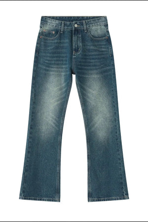 Vintage wash flare denim trousers in Peacock Blue with a faded effect.