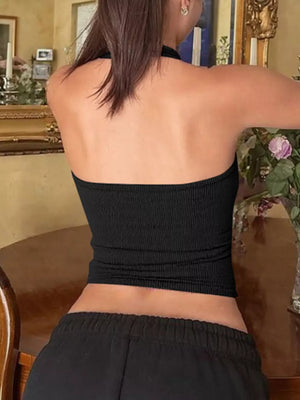 Black ribbed halter tank top with scoop neck, showing back detail.