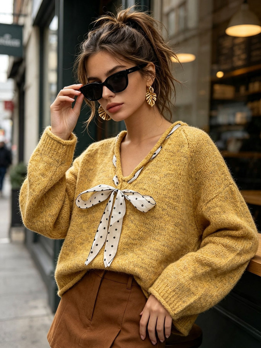 v-neck sweater featuring polka dot in Yellow with 100% polyester Care instructions: Machine wash cold texture