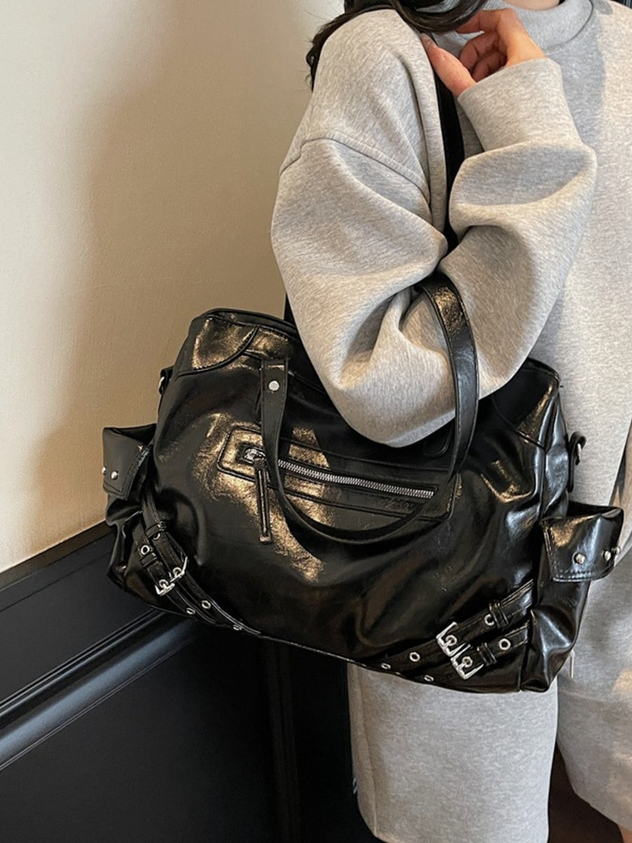 Buckle Accents Medium Shoulder Bag in black with buckle accents