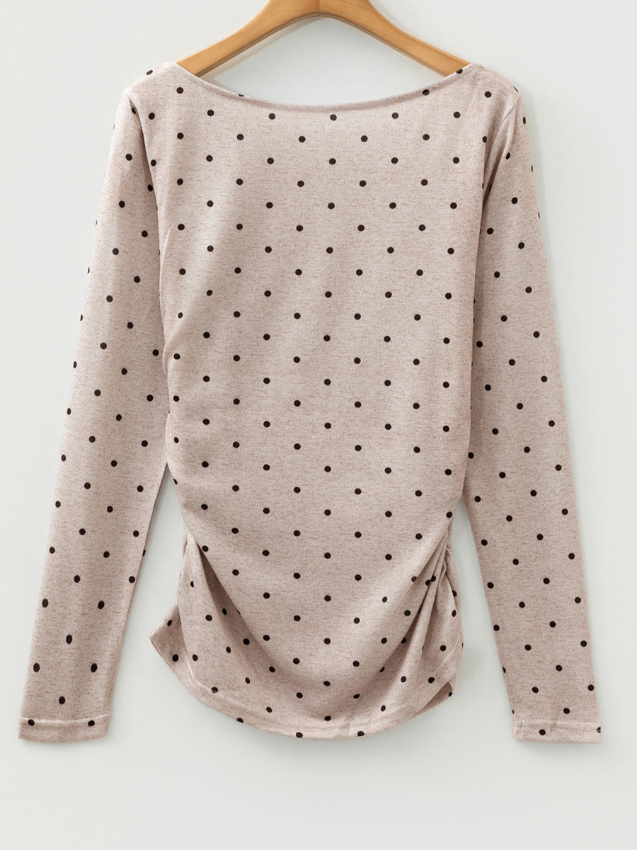 Khaki polka dot long-sleeve tee with boat neck and ruched side detail