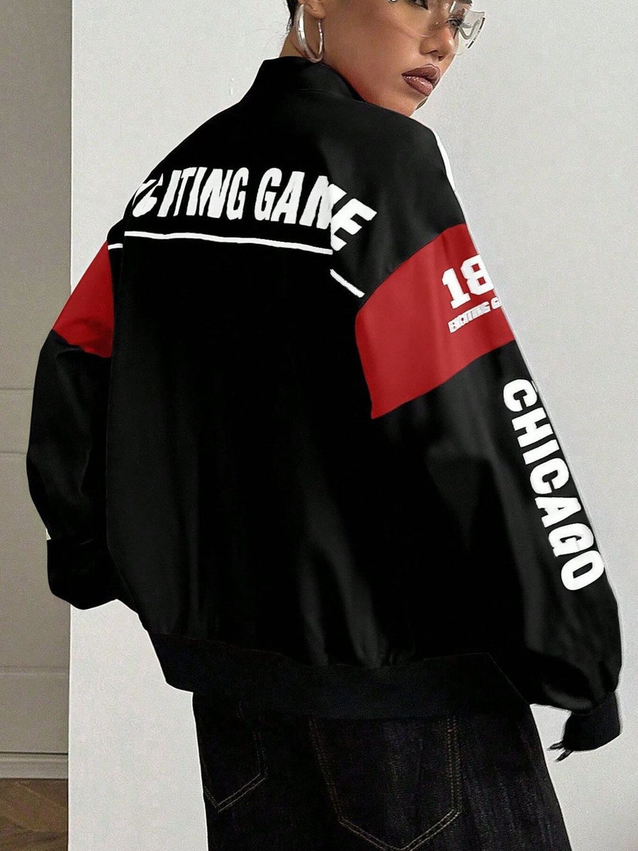 Red bomber jacket with waist-length and zip-front