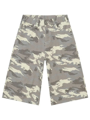 Wide-leg denim culottes in gray camouflage pattern with distressed details.