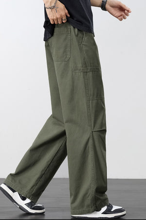 Army green cargo pants with adjustable drawstring and multiple pockets.