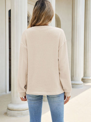 Relaxed Button Detail Dropped Shoulder Sweatshirt in Apricot with waffle-knit