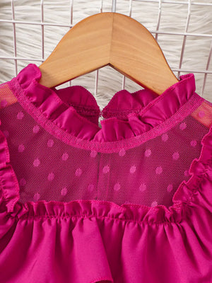Children's Ruffled Mesh Top And Denim Skirt Set in Rose Red