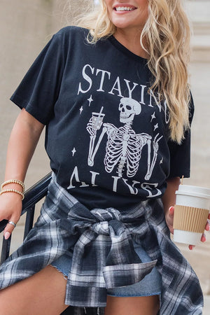 black t-shirt with graphic print and round neck
