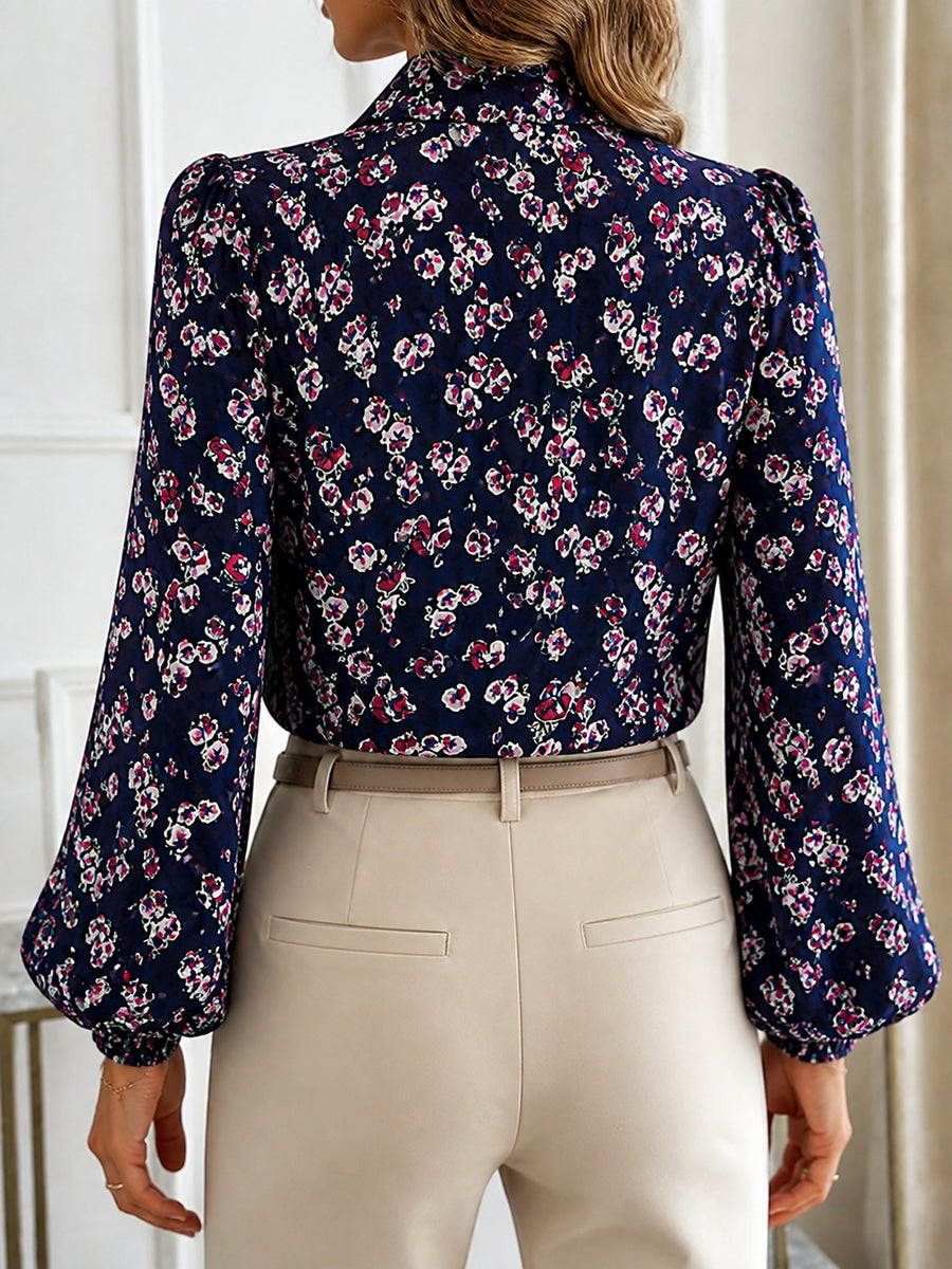 Printed Bow-Tie Neck Long Sleeve Blouse in Pale Blush with bow-tie neck