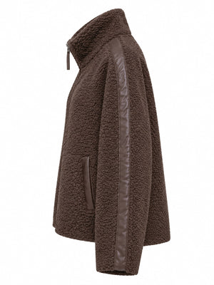 Coffee-Ribbed relaxed sherpa jacket with mock neck