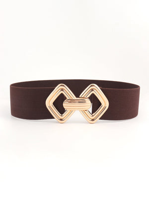 Chocolate elasticated belt with gold geometric buckle detail