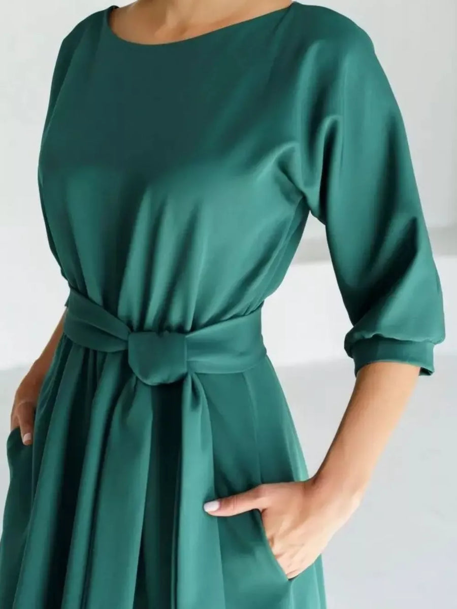 Red Elegant Belted Waist Midi Dress