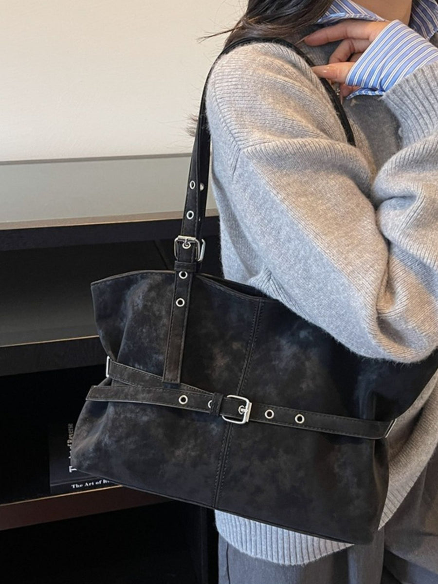 Washed Suede Buckle Detail Tote Bag in charcoal with buckle detail
