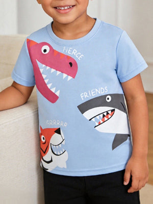 Light blue toddler t-shirt with fierce dinosaur, shark, and tiger graphics and text.