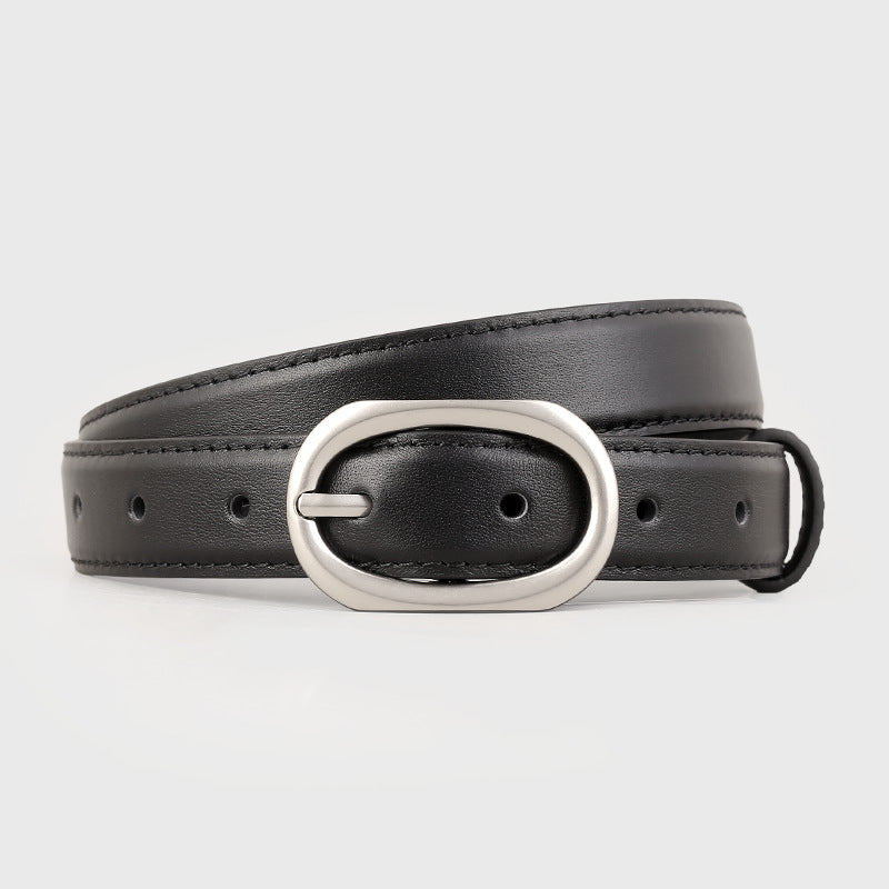 Black leather belt with brushed silver oval buckle
