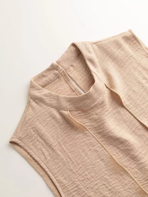 Chic mock neck sleeveless tank top in khaki with a keyhole detail and tie.