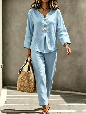 100% polyester Care instructions: Machine wash cold matching set in Light Blue with relaxed silhouette