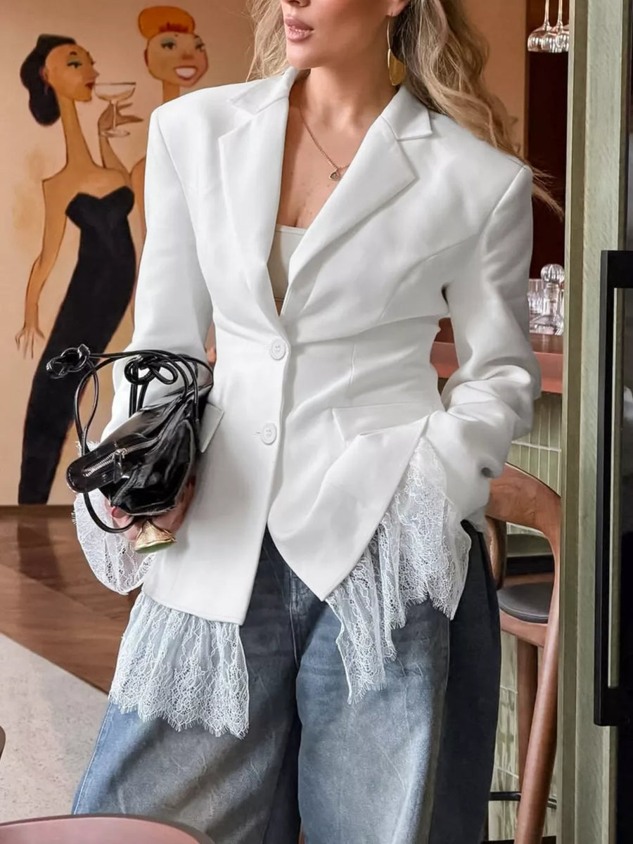 Lace Hem Button Down Blazer in White
