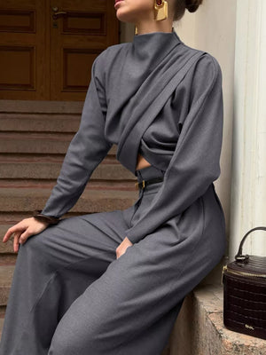 Gray two-piece set with cropped and pullover