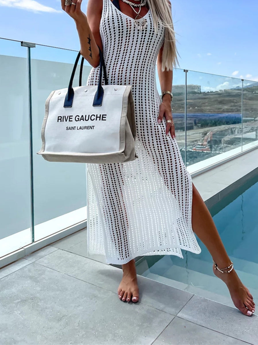 White open-knit maxi cover-up with V-neck and high slit, styled with a tote bag