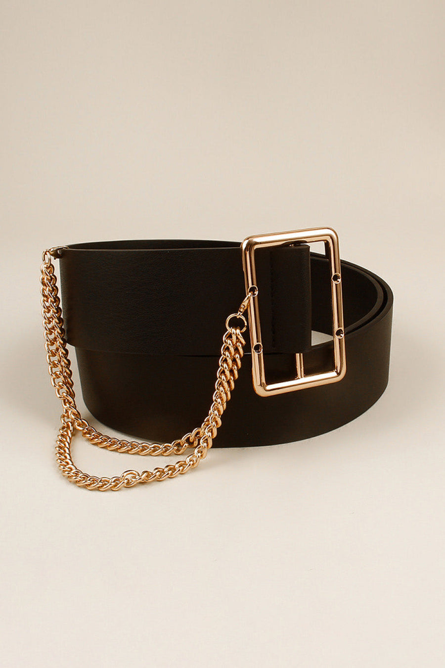 Black faux leather belt with gold chain detail and rectangular buckle.