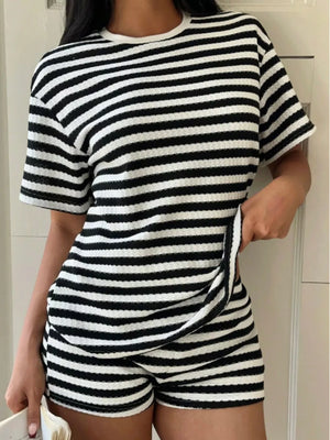 Waffle knit striped two-piece set with crew neck top and shorts in black and white.