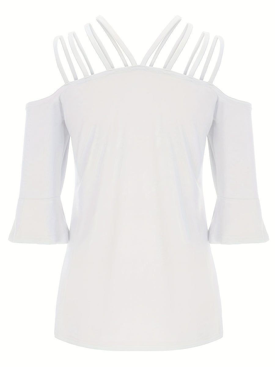 White blouson top with strappy cold shoulder and flared 3/4 sleeves