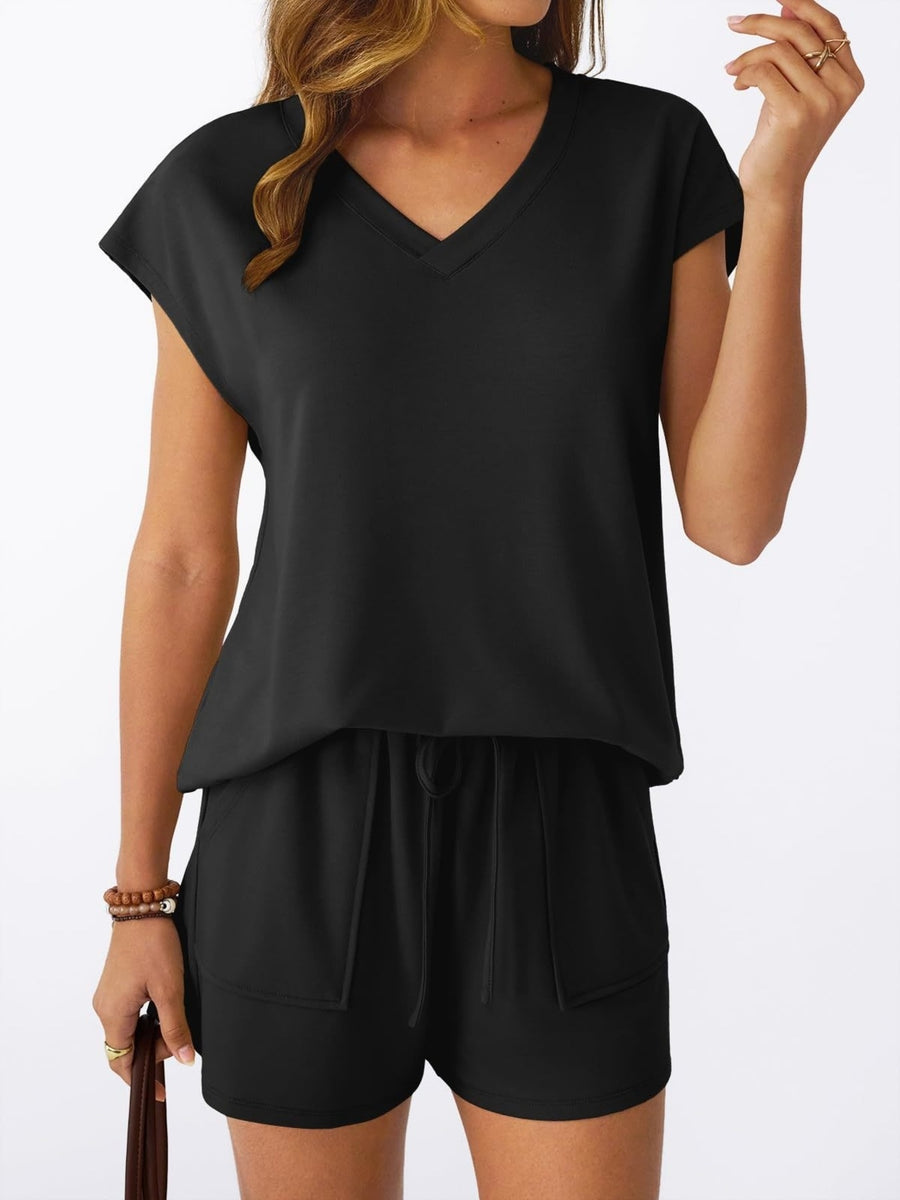 Black V-neck top with cap sleeves and drawstring shorts set with pockets.